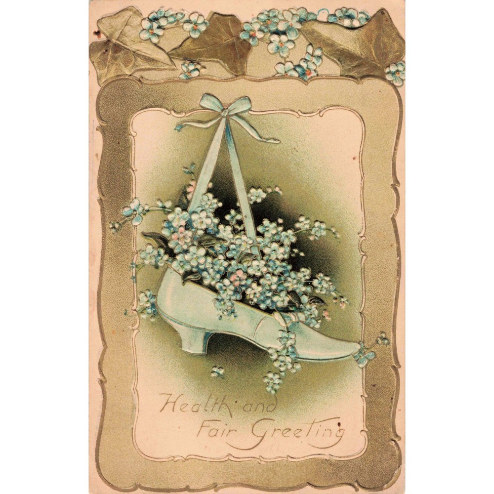 Antique 1909 Davidson Bros Postcard Embossed Blue Shoe Forget Me Nots Germany - Picture 1 of 2